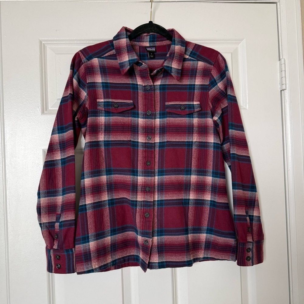 Patagonia Flannel Shirt Womens Size 4 Blue Plaid Long Sleeve Button Up Pockets